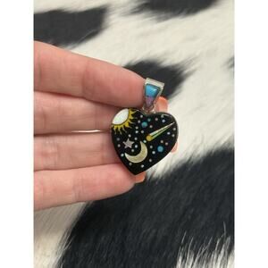 Native American Sterling Silver Inlaid Turquoise Opal Galaxy Heart Pendant Stars